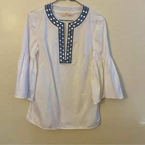 Tory Burch White Blouse with Blue Accents NWOT Size 6